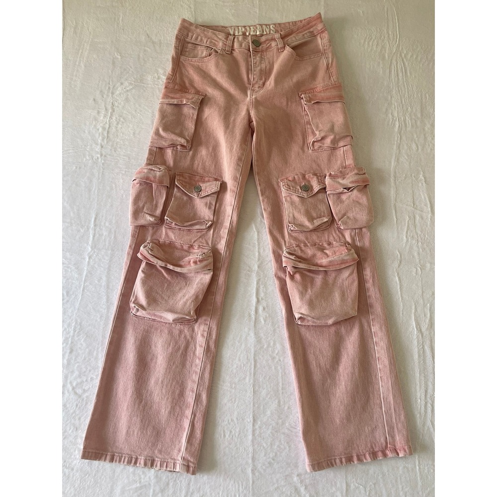 VIP Jeans Pink Cargo Pants Womens Wide Leg Multi Pocket Utility Streetwear Rose
